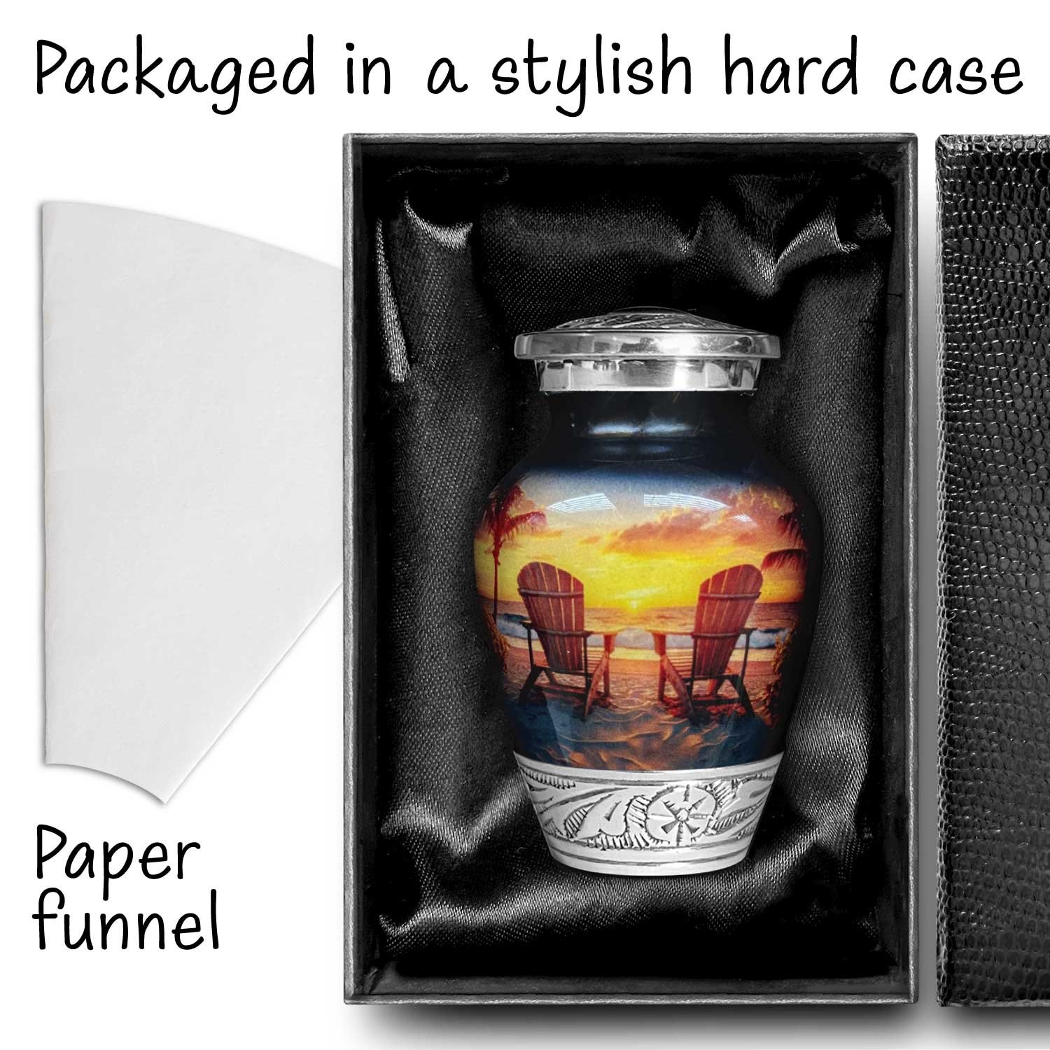 Beach sunset sunrise urn adult human ashes large funeral memorial remembrance loved tribute metal lost died keepsake nature cremation decorative urnas para cenizas humanas adultos burial women men dad mom mum ocean wave sand palm sea horizon chair