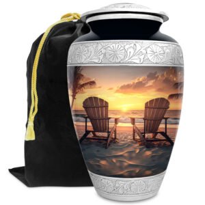 Beach sunset sunrise urn adult human ashes large funeral memorial remembrance loved tribute metal lost died keepsake nature cremation decorative urnas para cenizas humanas adultos burial women men dad mom mum ocean wave sand palm sea horizon chair