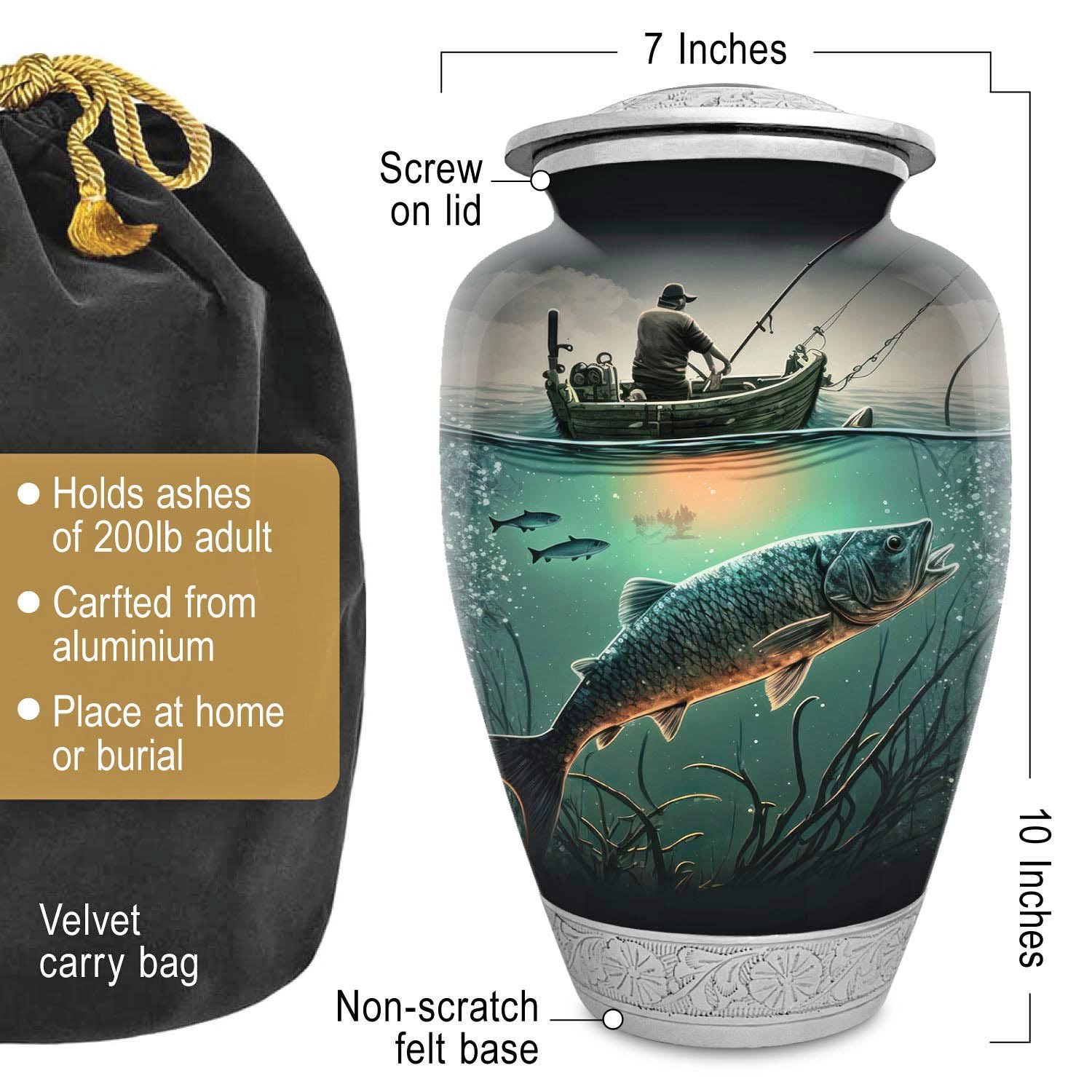 Fishing fish urn adult human ashes keepsake funeral memorial remembrance loved tribute metal lost died keepsake nature cremation decorative urnas para cenizas humanas adultos burial women men dad mom mum fisherman boat bass salmon trout carp walleye