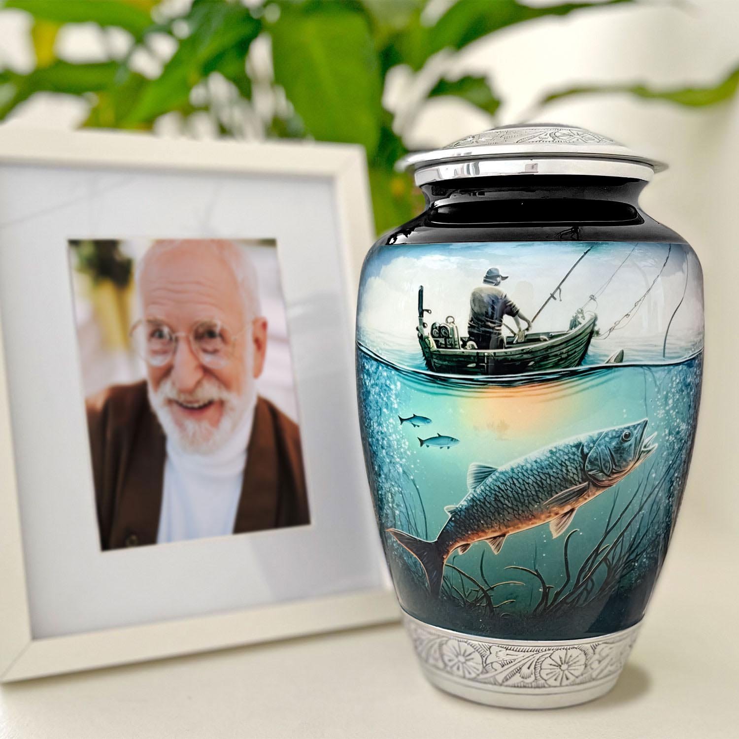 Fishing fish urn adult human ashes keepsake funeral memorial remembrance loved tribute metal lost died keepsake nature cremation decorative urnas para cenizas humanas adultos burial women men dad mom mum fisherman boat bass salmon trout carp walleye