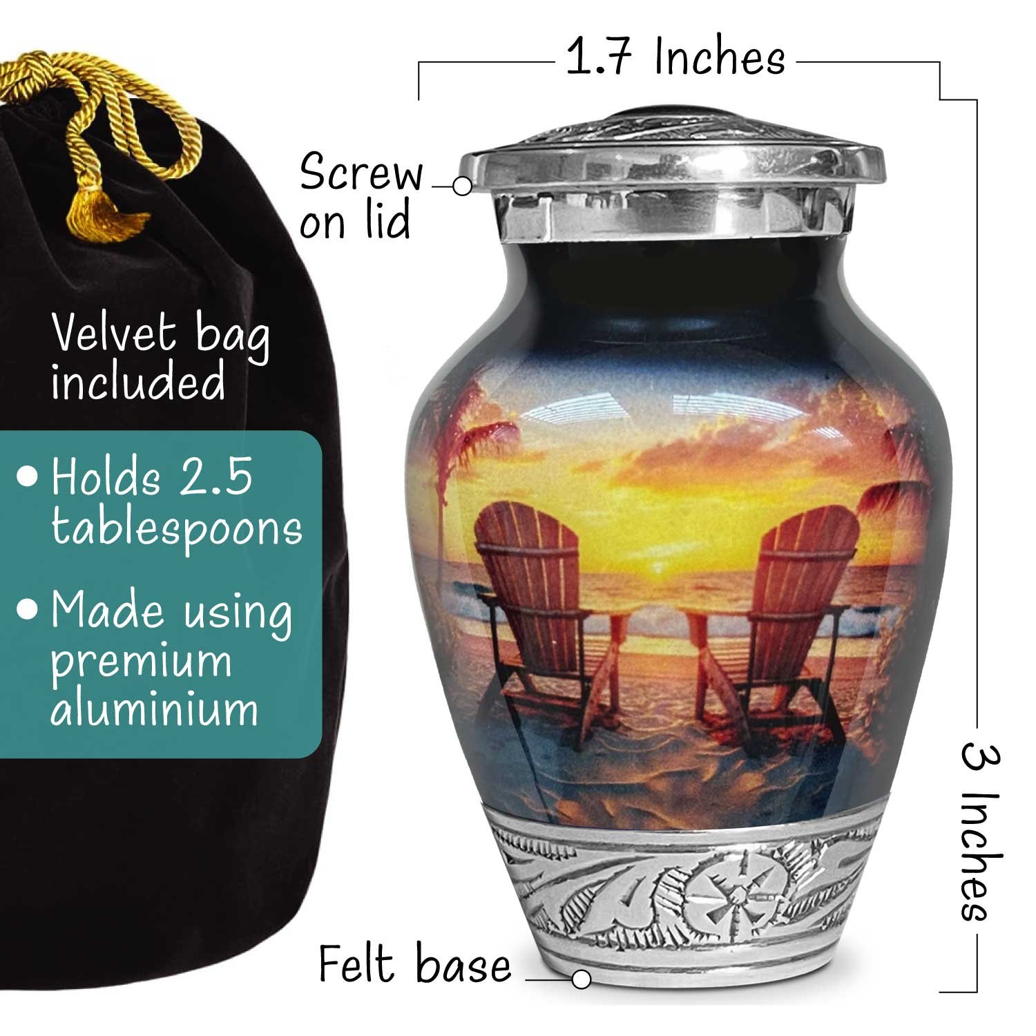 Beach sunset sunrise urn adult human ashes large funeral memorial remembrance loved tribute metal lost died keepsake nature cremation decorative urnas para cenizas humanas adultos burial women men dad mom mum ocean wave sand palm sea horizon chair