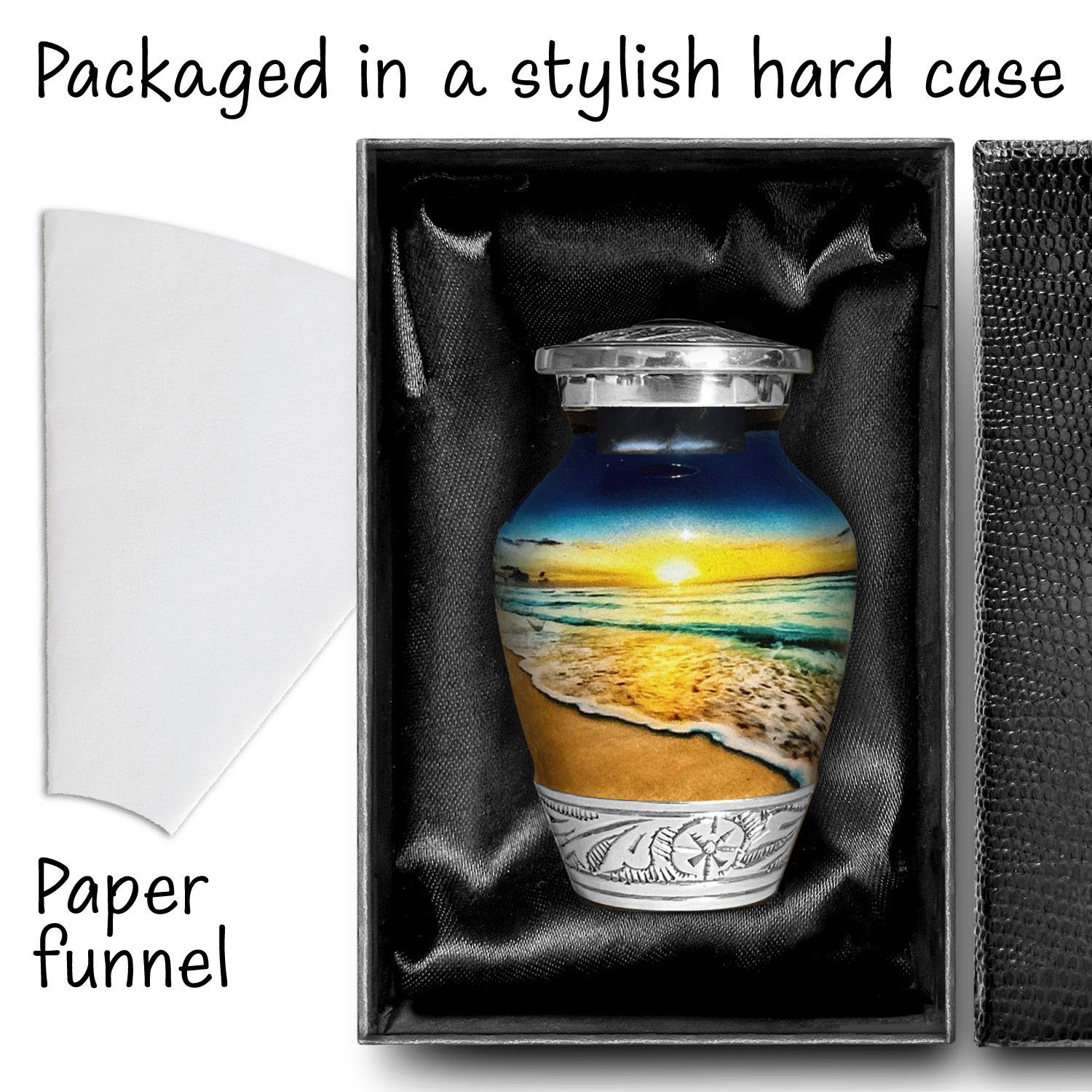 Beach sunset sunrise urn adult human ashes large funeral memorial remembrance loved tribute metal lost died keepsake nature cremation decorative urnas para cenizas humanas adultos burial women men dad mom mum ocean wave sand palm sea horizon chair