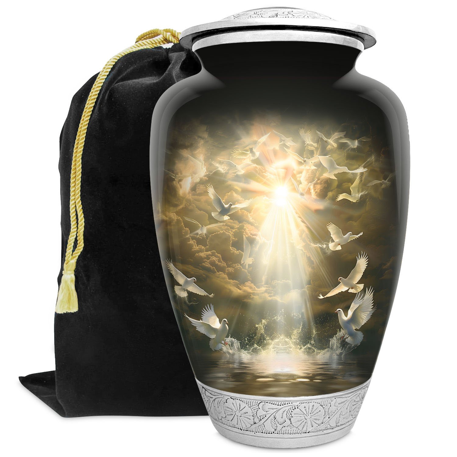 Doves urn adult human ashes large funeral memorial remembrance loved tribute metal lost died keepsake nature cremation decorative burial women men dad mom mum clouds ethereal heaven religious water Dove bird God Jesus urnes funéraires adultes