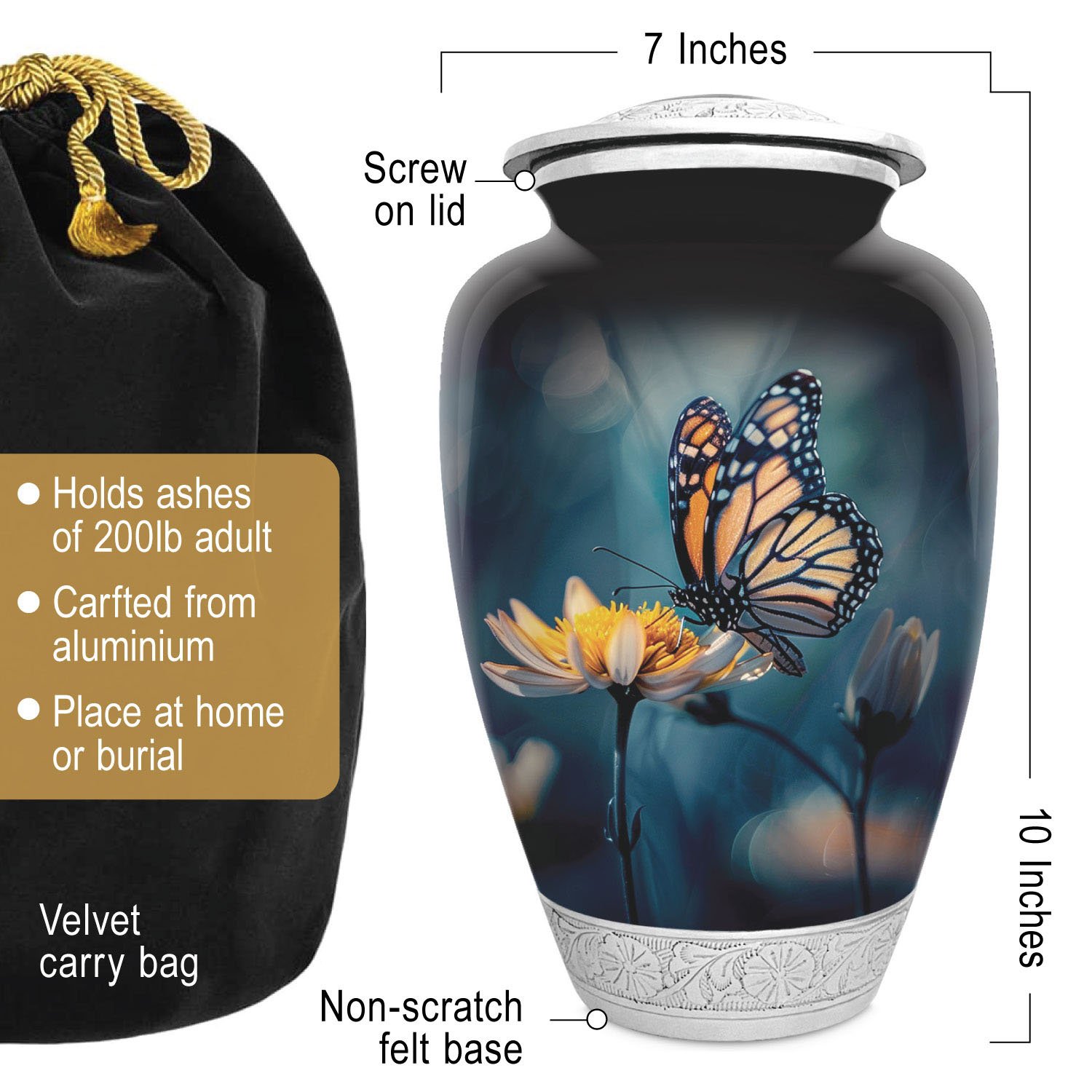 Butterfly monarch urn adult human ashes large funeral memorial remembrance loved tribute metal lost died keepsake nature cremation decorative burial women men dad mom mum flower garden milkweed blue urnes funéraires adultes
